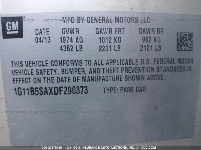 1G11B5SAXDF290373 - 2013 CHEVROLET MALIBU LS თაფლისფერი ფოტო 9