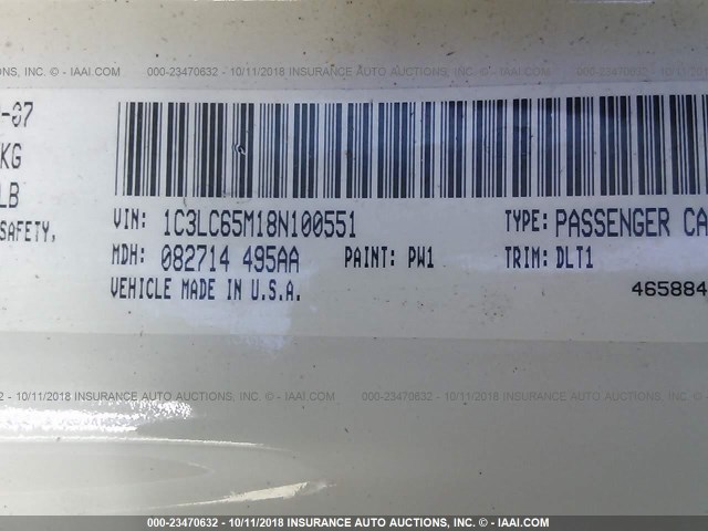 1C3LC65M18N100551 - 2008 CHRYSLER SEBRING LIMITED WHITE photo 9