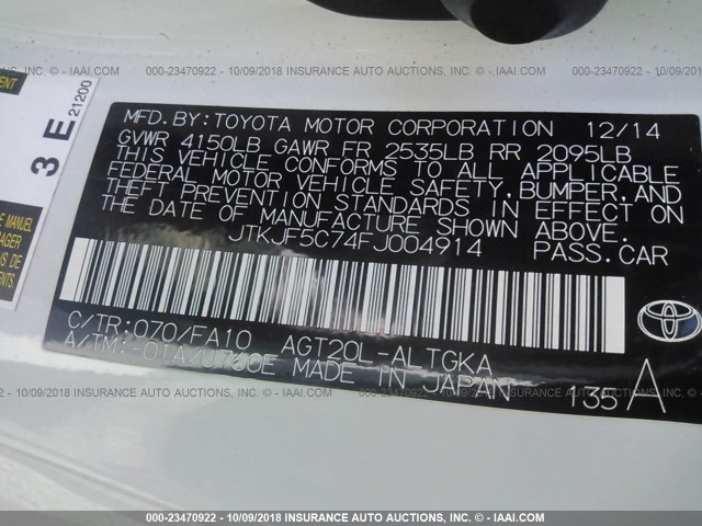 JTKJF5C74FJ004914 - 2015 TOYOTA SCION TC 白色 照片 9