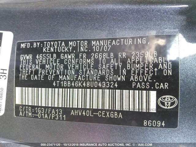 4T1BB46K48U043324 - 2008 TOYOTA CAMRY HYBRID GRAY photo 9