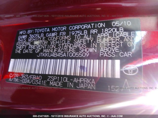 JTKKU4B45A1005509 - 2010 TOYOTA SCION XD RED photo 9