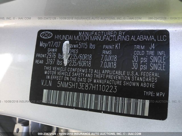 5NMSH13E87H110223 - 2007 HYUNDAI SANTA FE SE/LIMITED SILVER photo 9