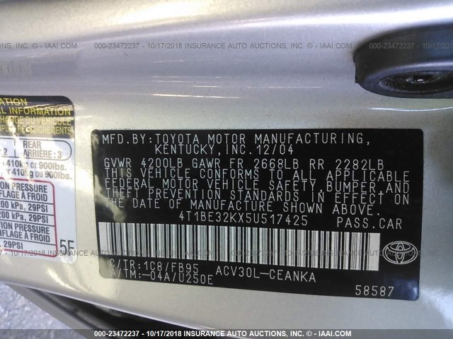 4T1BE32KX5U517425 - 2005 TOYOTA CAMRY LE/XLE/SE SILVER photo 9