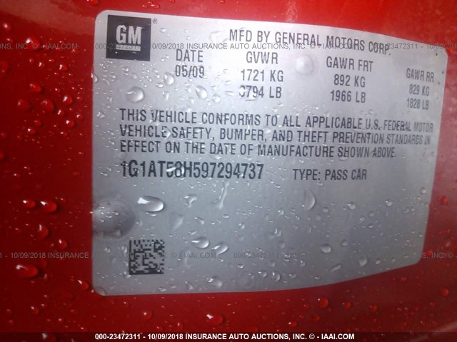 1G1AT58H597294737 - 2009 CHEVROLET COBALT LT RED photo 9