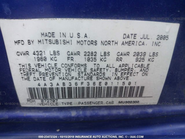 4A3AB36F36E011501 - 2006 MITSUBISHI GALANT ES MEDIUM/LS MEDIUM BLUE photo 9