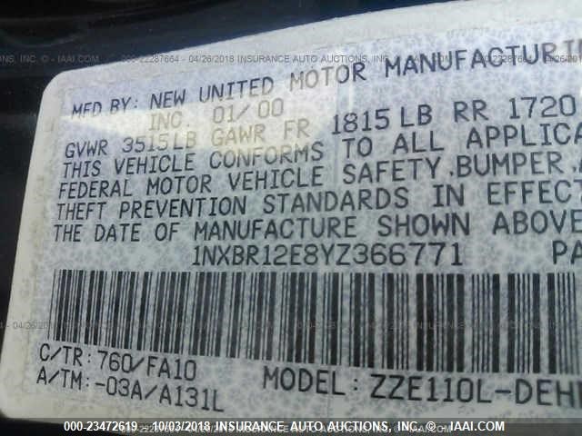 1NXBR12E8YZ366771 - 2000 TOYOTA COROLLA VE/CE/LE BLUE photo 9