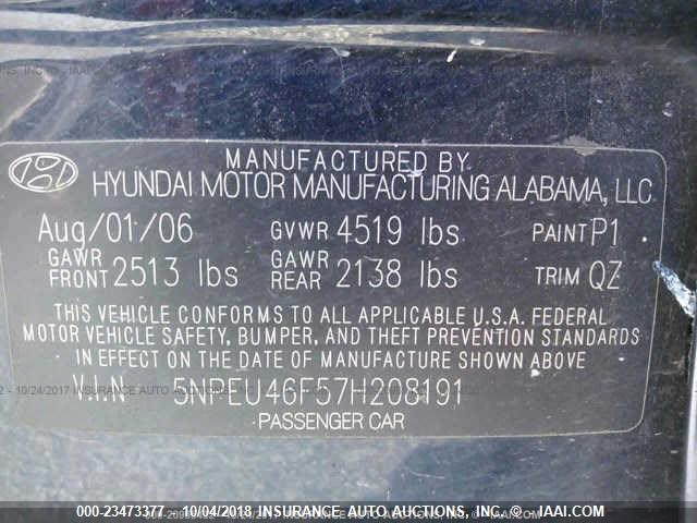 5NPEU46F57H208191 - 2007 HYUNDAI SONATA SE/LIMITED BLUE photo 9