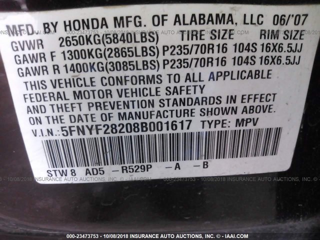 5FNYF28208B001617 - 2008 HONDA PILOT VP PURPLE photo 9