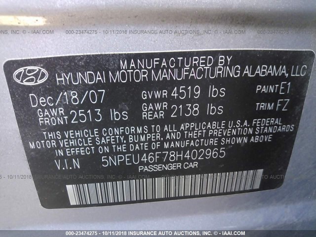 5NPEU46F78H402965 - 2008 HYUNDAI SONATA SE/LIMITED GRAY photo 9