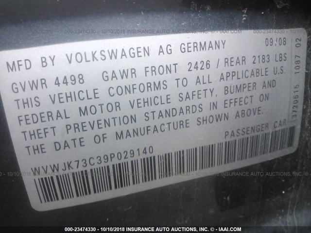 WVWJK73C39P029140 - 2009 VOLKSWAGEN PASSAT TURBO GRAY photo 9