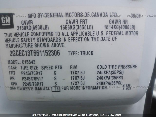 2GCEC13T661152306 - 2006 CHEVROLET SILVERADO C1500 WHITE photo 9