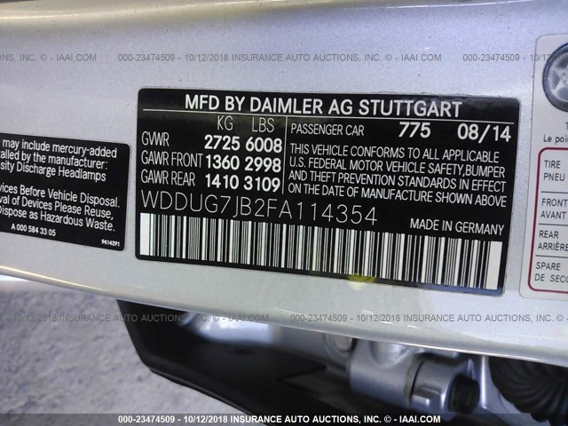 WDDUG7JB2FA114354 - 2015 MERCEDES-BENZ S 63 AMG SILVER photo 9