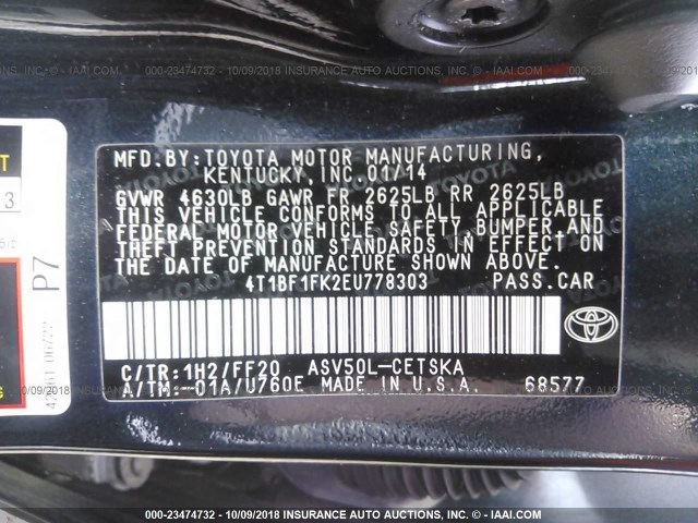 4T1BF1FK2EU778303 - 2014 TOYOTA CAMRY L/SE/LE/XLE შავი ფოტო 9