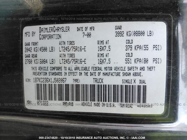 1B7KC236X1J502067 - 2001 DODGE RAM 2500 BLACK photo 9