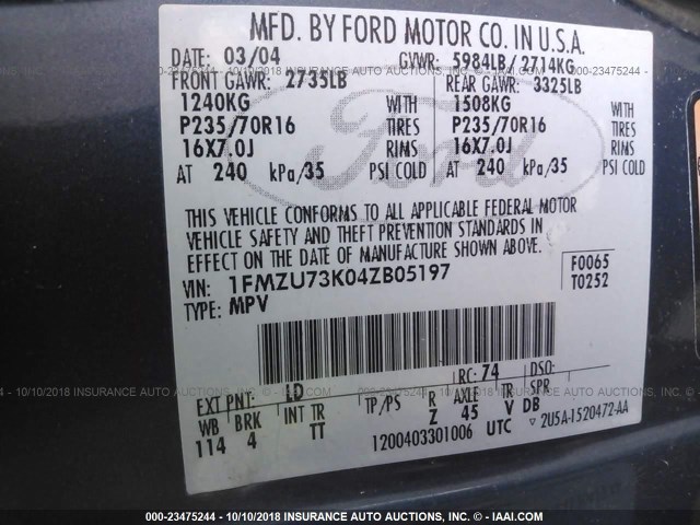 1FMZU73K04ZB05197 - 2004 FORD EXPLORER XLT/XLT SPORT/NBX 蓝色 照片 9