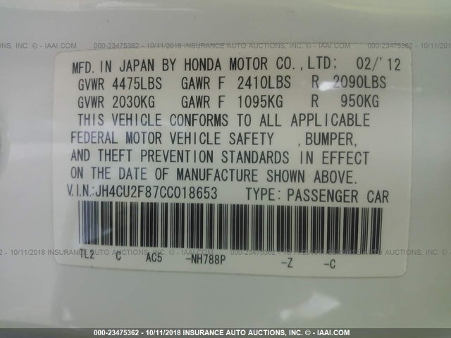 JH4CU2F87CC018653 - 2012 ACURA TSX SE WHITE photo 9