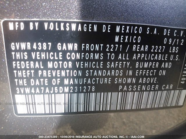 3VW4A7AJ5DM231278 - 2013 VOLKSWAGEN JETTA GLI GRAY photo 9