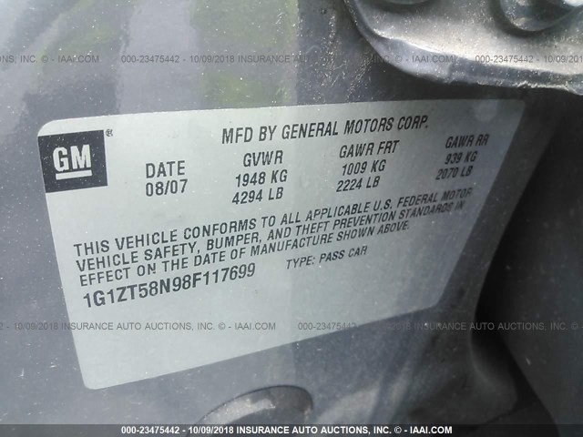 1G1ZT58N98F117699 - 2008 CHEVROLET MALIBU LT/CLASSIC GRAY photo 9