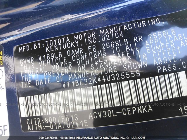 4T1BE32K44U325559 - 2004 TOYOTA CAMRY LE/XLE/SE BLUE photo 9