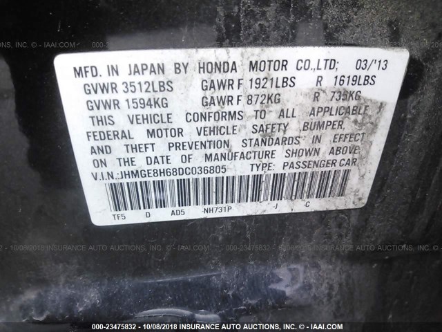 JHMGE8H68DC036805 - 2013 HONDA FIT SPORT BLACK photo 9