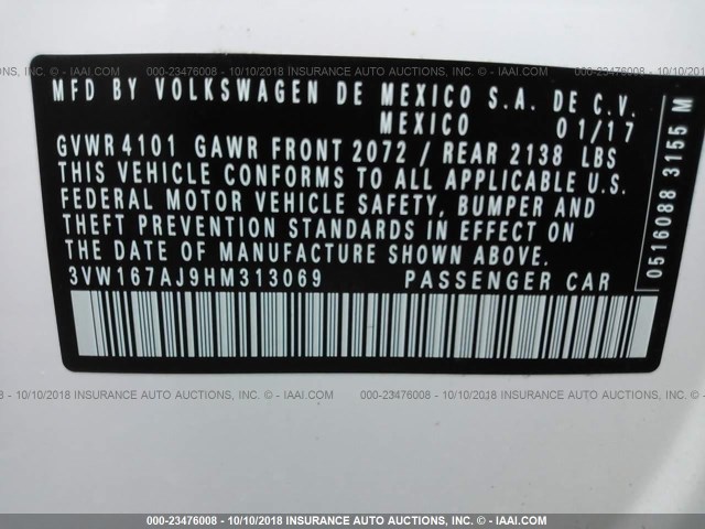 3VW167AJ9HM313069 - 2017 VOLKSWAGEN JETTA S WHITE photo 9