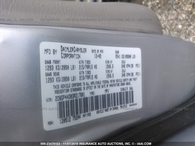 2D8GP44303R217601 - 2003 DODGE GRAND CARAVAN SPORT GRAY photo 9