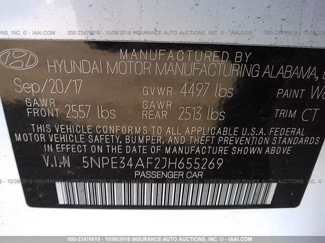 5NPE34AF2JH655269 - 2018 HYUNDAI SONATA SPORT/LIMITED WHITE photo 9