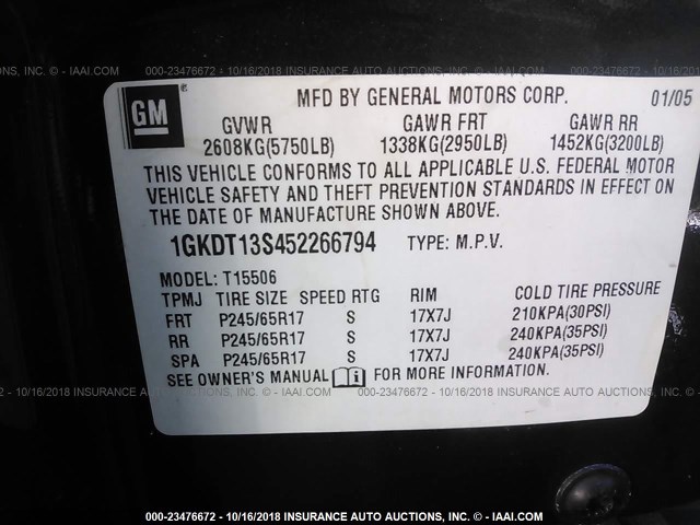 1GKDT13S452266794 - 2005 GMC ENVOY GRAY photo 9