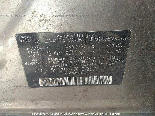 5NPDH4AE7CH078522 - 2012 HYUNDAI ELANTRA GLS/LIMITED Champagne photo 9