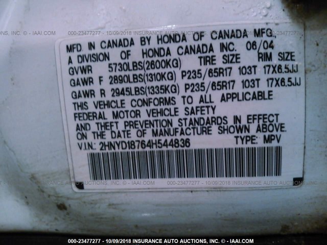 2HNYD18764H544836 - 2004 ACURA MDX TOURING WHITE photo 9