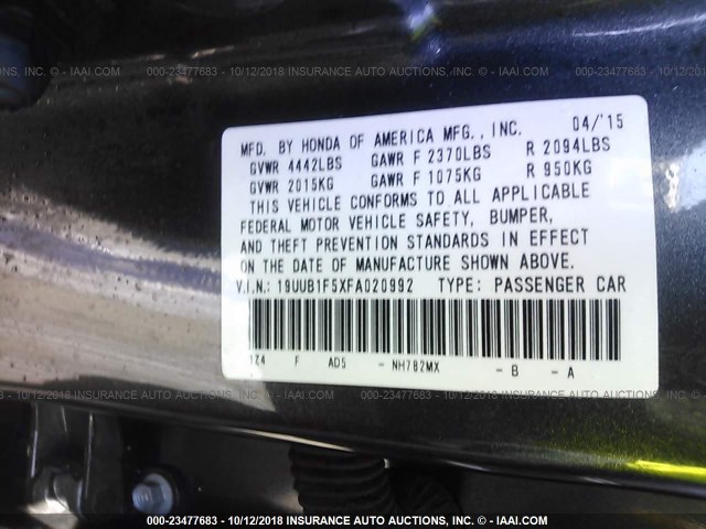 19UUB1F5XFA020992 - 2015 ACURA TLX TECH GRAY photo 9