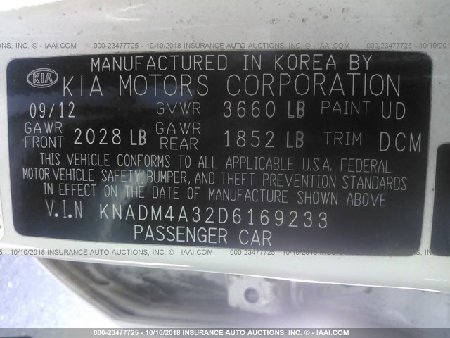 KNADM4A32D6169233 - 2013 KIA RIO LX WHITE photo 9