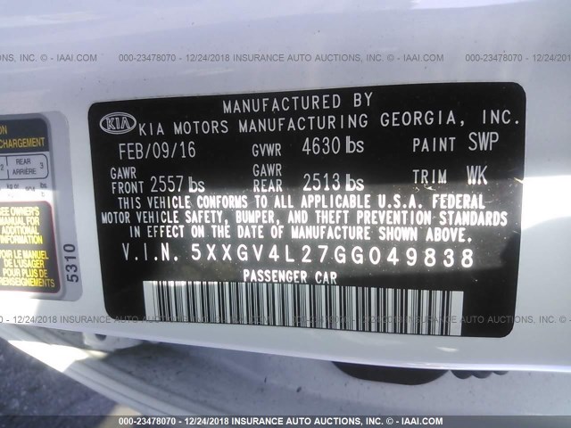 5XXGV4L27GG049838 - 2016 KIA OPTIMA SXL WHITE photo 9