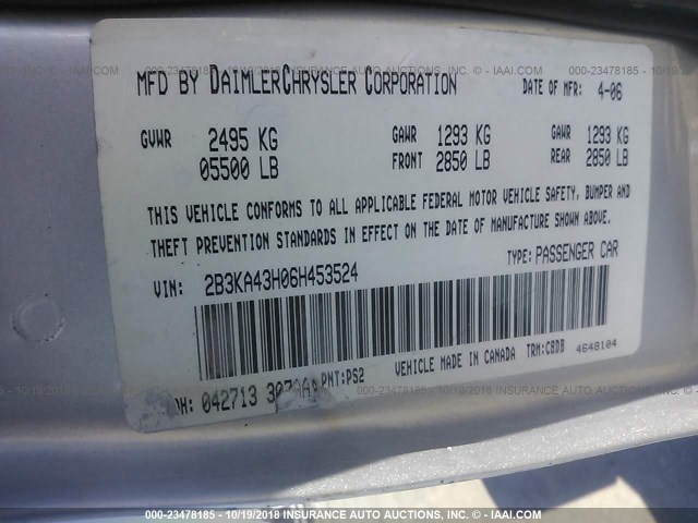 2B3KA43H06H453524 - 2006 DODGE CHARGER SE/SXT SILVER photo 9