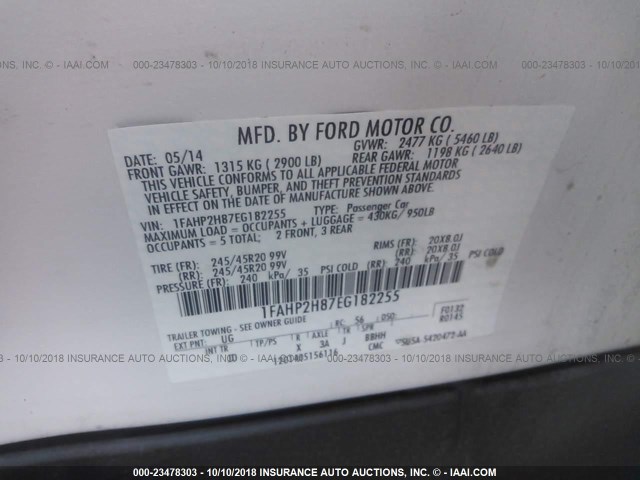 1FAHP2H87EG182255 - 2014 FORD TAURUS SEL WHITE photo 9