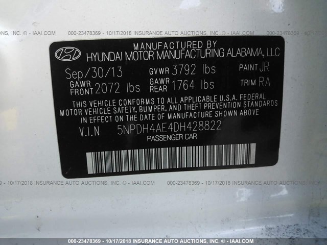 5NPDH4AE4DH428822 - 2013 HYUNDAI ELANTRA GLS/LIMITED WHITE photo 9