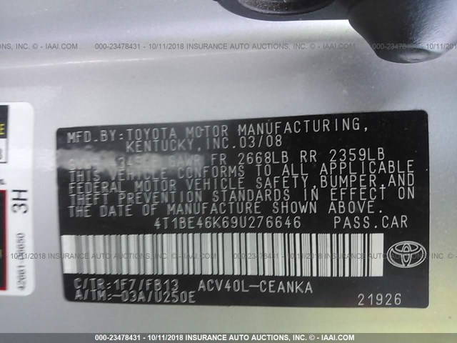 4T1BE46K69U276646 - 2009 TOYOTA CAMRY SE/LE/XLE SILVER photo 9