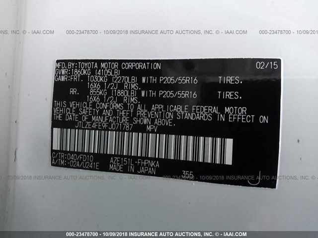 JTLZE4FE9FJ071787 - 2015 TOYOTA SCION XB WHITE photo 9