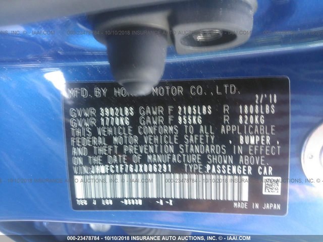 JHMFC1F76JX006291 - 2018 HONDA CIVIC EXL BLUE photo 9