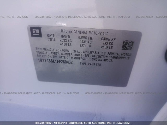 1G11A5SL1FF268432 - 2015 CHEVROLET MALIBU LS WHITE photo 9