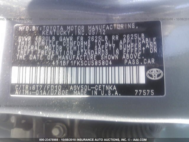 4T1BF1FK5CU585804 - 2012 TOYOTA CAMRY SE/LE/XLE GRAY photo 9