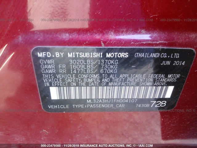ML32A3HJ1FH004107 - 2015 MITSUBISHI MIRAGE DE RED photo 9