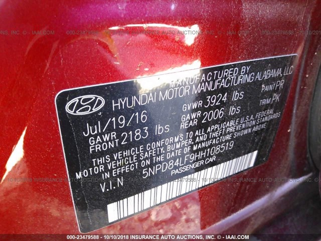 5NPD84LF9HH108519 - 2017 HYUNDAI ELANTRA SE/VALUE/LIMITED RED photo 9