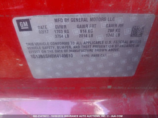 1G1JB5SH8H4149610 - 2017 CHEVROLET SONIC LS RED photo 9