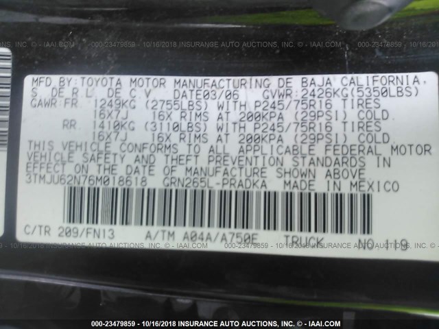 3TMJU62N76M018618 - 2006 TOYOTA TACOMA DOUBLE CAB PRERUNNER BLACK photo 9