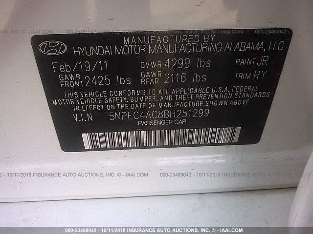 5NPEC4AC8BH251299 - 2011 HYUNDAI SONATA SE/LIMITED WHITE photo 9