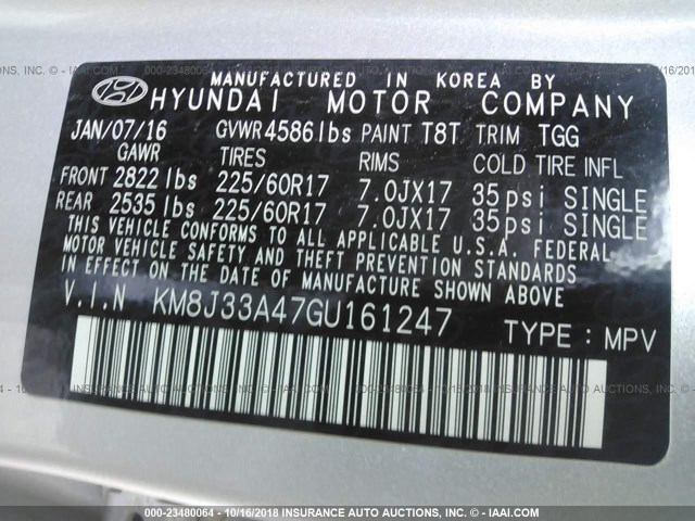 KM8J33A47GU161247 - 2016 HYUNDAI TUCSON LIMITED/SPORT AND ECO/SE GRAY photo 9