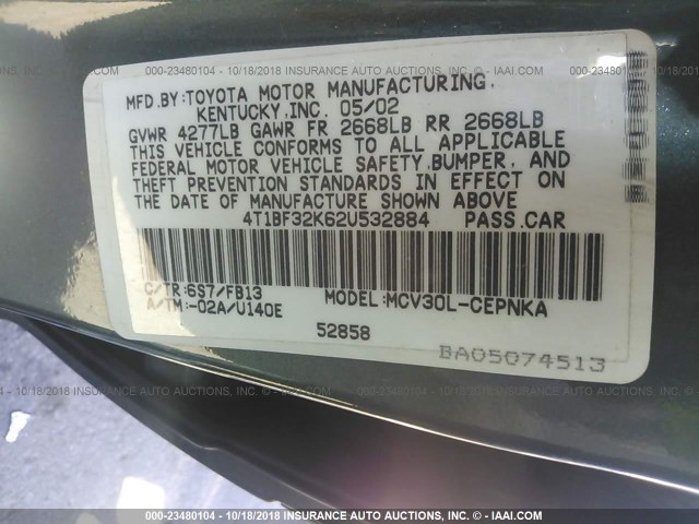 4T1BF32K62U532884 - 2002 TOYOTA CAMRY LE/XLE/SE GREEN photo 9