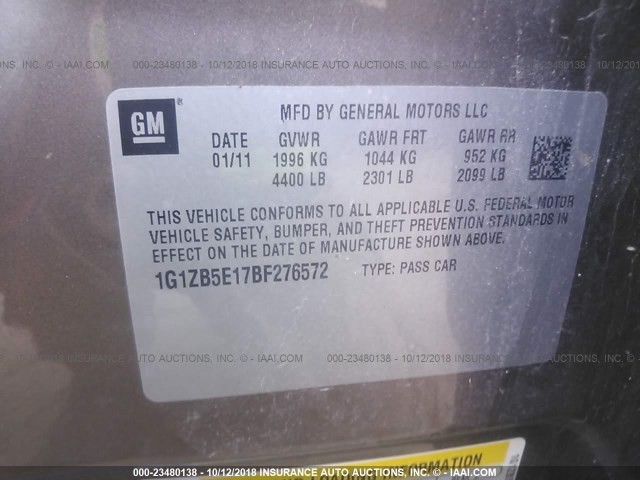 1G1ZB5E17BF276572 - 2011 CHEVROLET MALIBU LS 棕色 照片 9