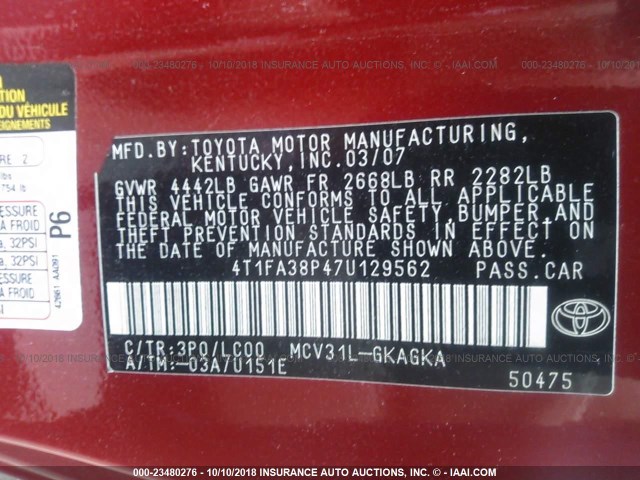 4T1FA38P47U129562 - 2007 TOYOTA CAMRY SOLARA SE/SLE წითელი ფოტო 9